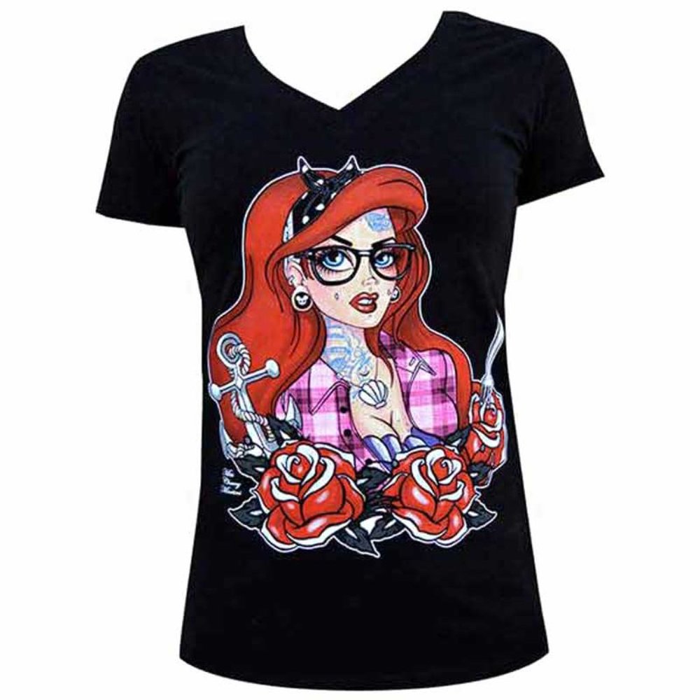 Tattooed Mermaid Black V-neck Tee S-2XL NWT